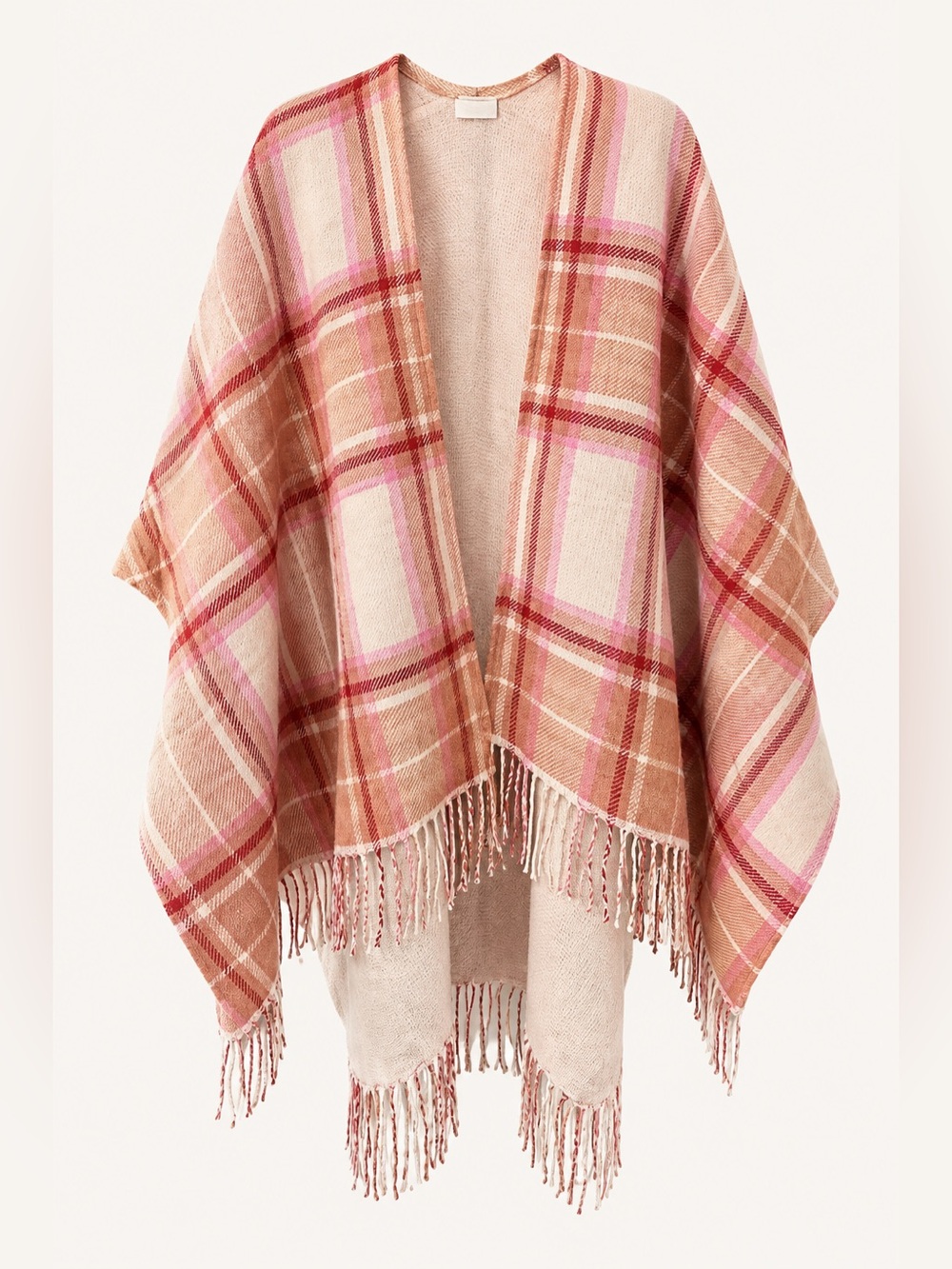J.Crew Plaid Fringe Poncho Scarf Pink Blush Oversized M/L NWT